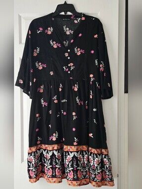 Black Floral Vacation Summer Midi Dress 14-16 Boho Bell Sleeve